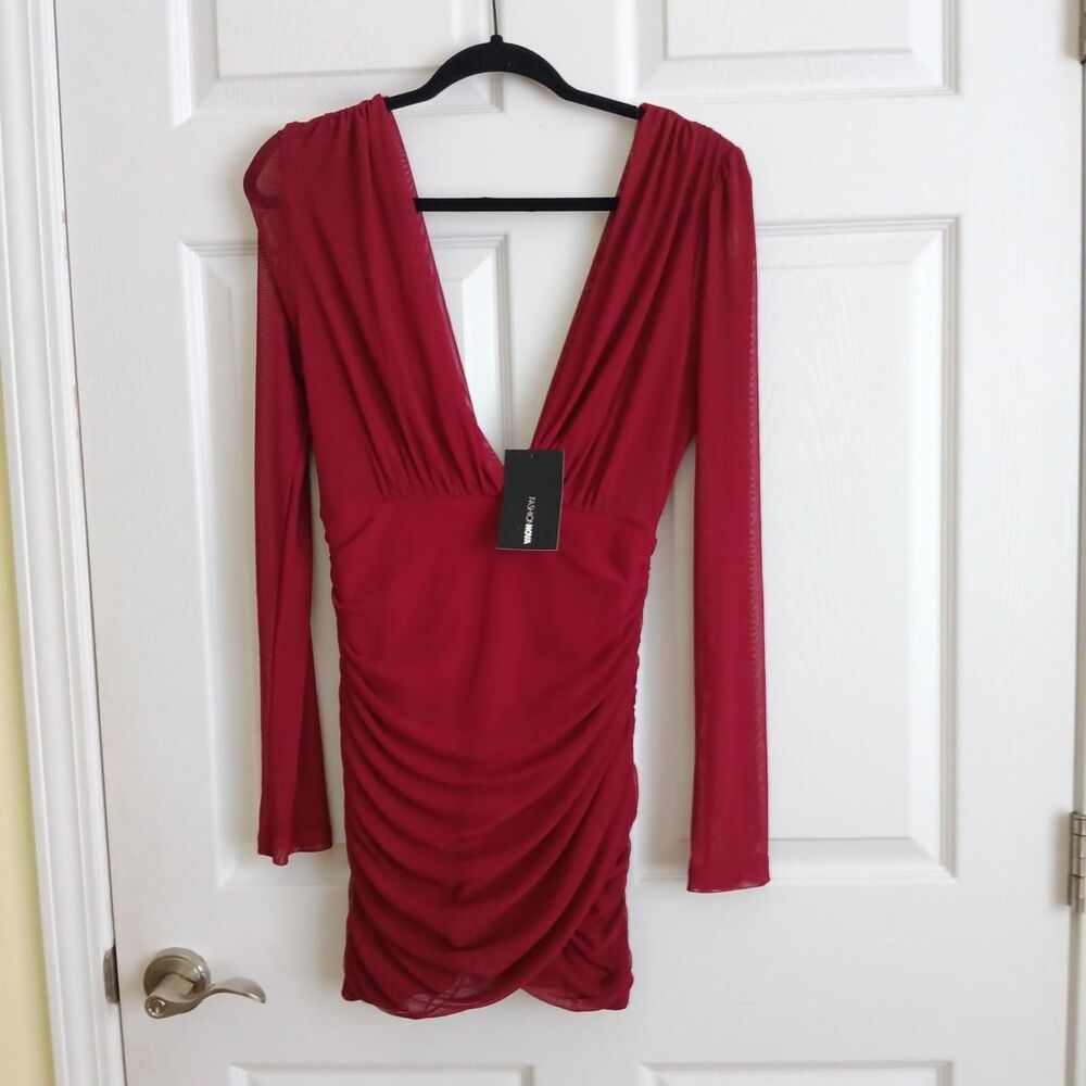 Brand New With Tags Fashion Nova "Sheer Goals Mini Dress" Burgundy Medium